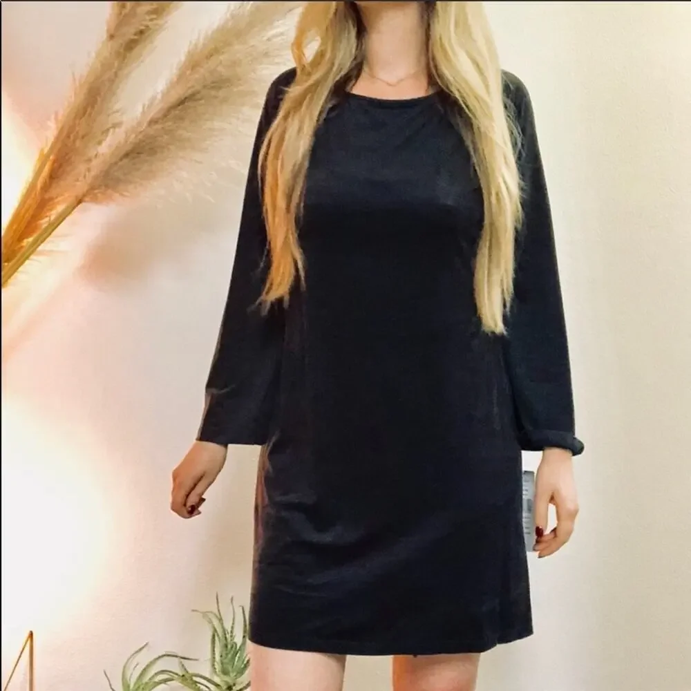 NEW BOUTIQUE MSK Dark Grey Velvet Bell Long Sleeve Crew Scoop Neck Mini Dress L